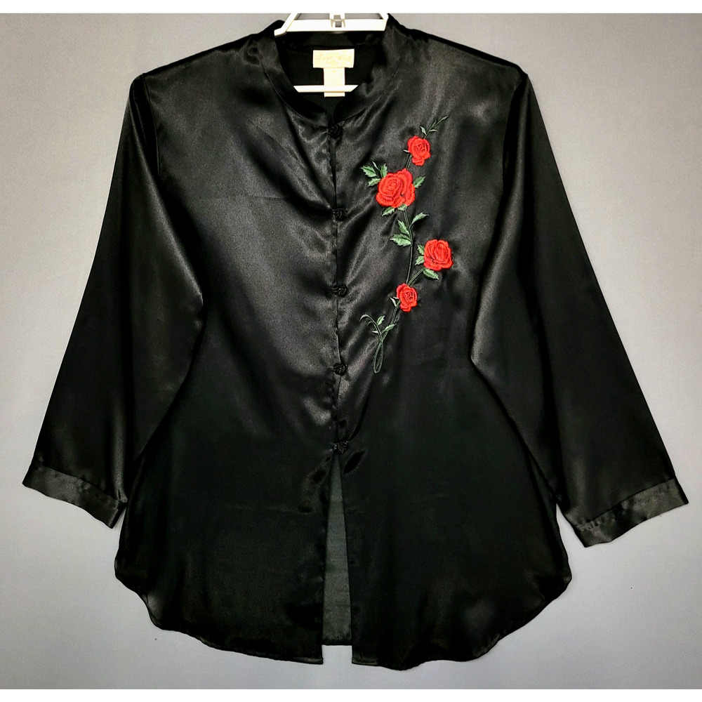 Vintage 80s Night Top Womens Med Black Mandarin Collar Inner Most Dark Romantic